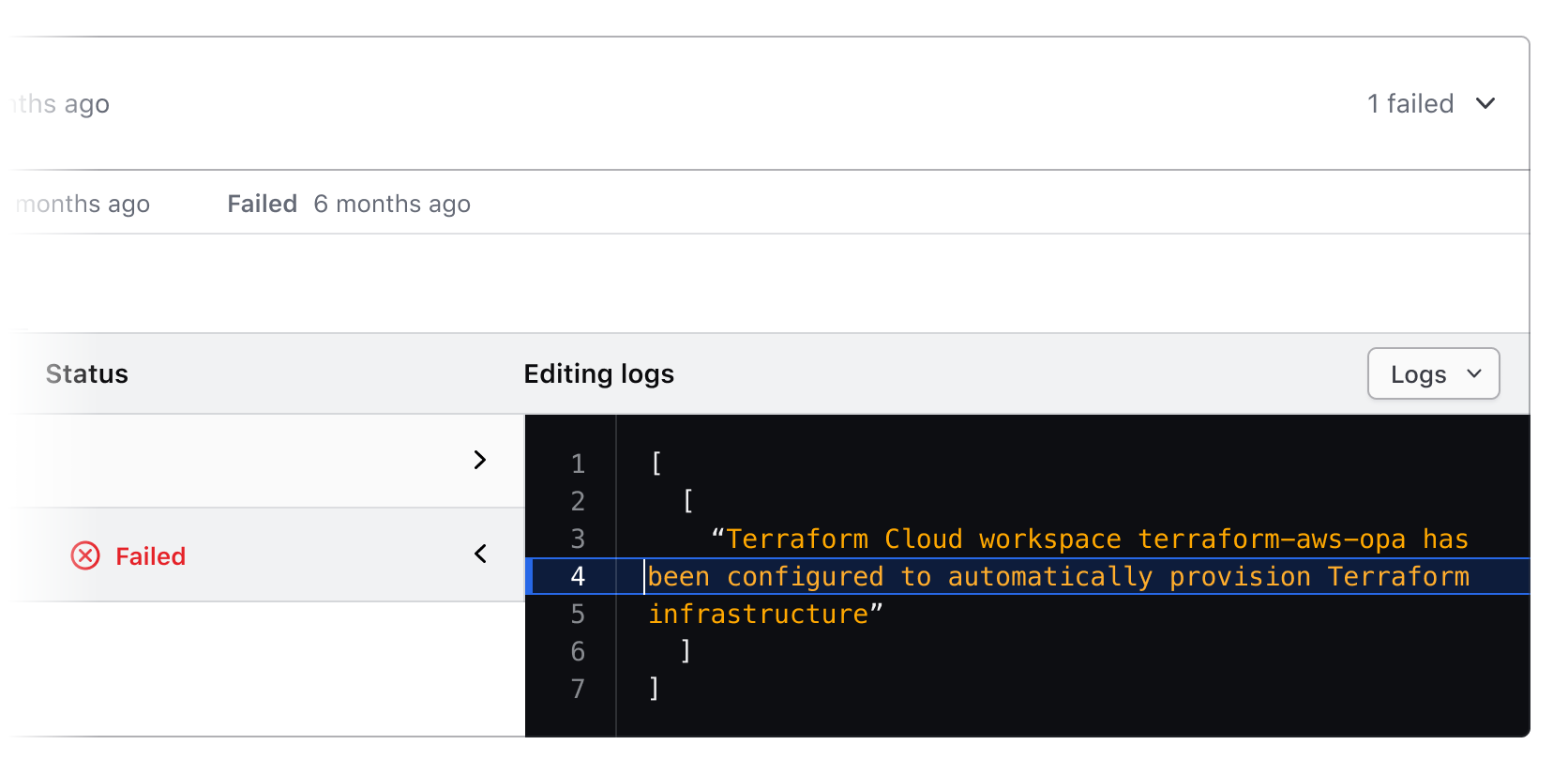 Code Editor embedded inside of a logs UI, where the corners are squared to fit within container.